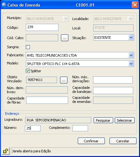 da Caixa de Emenda - Splitter 4 Preencher os Campos obrigatórios: 41 Município e Localidade 42 Código: Informar o Código da Caixa de Emenda 43