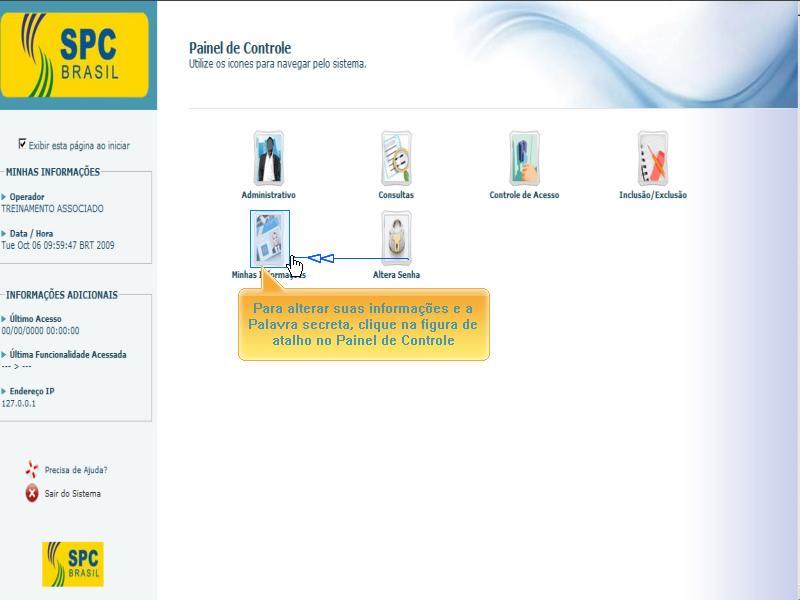 Para alterar suas informações e a Palavra secreta, clique na figura de atalho no Painel