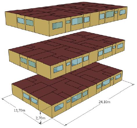 40 Figura 2.6 Croqui da edificação residencial multifamiliar, modelo base Fonte: LABEEE UFSC (2011, p. 10). Na Figura 2.7 é apresentado layout dos apartamentos do modelo base.