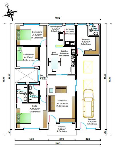 dimensões de 11,80m x 14,55m, pé-direito de 2,70m e 168,65m² de área total. Na Figura 4.