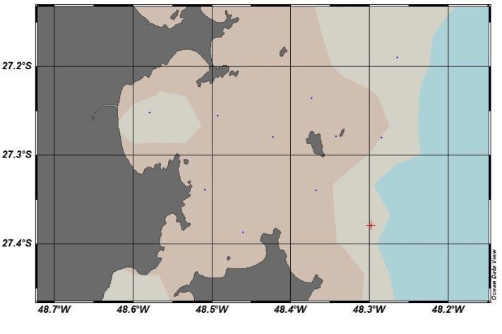 XIV fração 3, deverá passar por uma silanização antes da análise por GC-MS, utilizando BSTFA como agente silanizante. Figura 1. Estações de coleta nos pontos azuis. Fonte: Ocean Data View 18. 4.