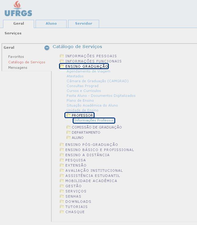 Acesse o Portal do Servidor Catálogo de Serviços Ensino Graduação Professor Informações Professor, conforme