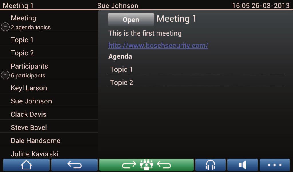 12 pt Funcionamento do dispositivo multimédia DICENTIS DICENTIS 4.2.2 Ecrã de vista geral das reuniões Para ver o ecrã de vista geral das reuniões, prima o botão Reuniões no ecrã Inicial (Ecrã inicial, Página 10).