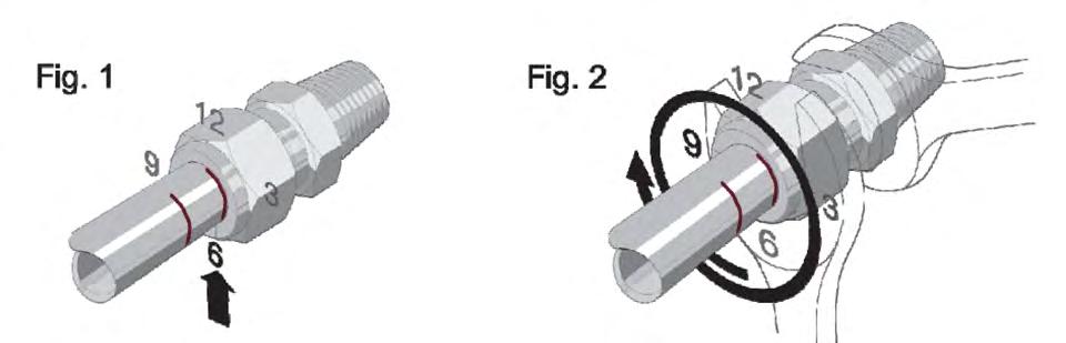 (1) O sensor deve estar em posição vertical sobre a base do tubo revestido, se necessário encurtá-lo (2) Parafusar a união roscada anel cortante no flange (mínimo de DN 50) ou redução (mínimo de 1½")