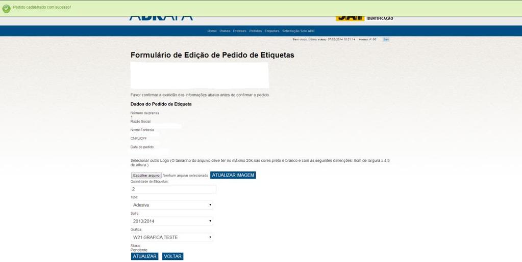 IMPORTANTE: caso a Usina/Algodoeira tenha inserido alguma informação equivocada, aparecerá na parte superior da tela a descrição do problema percebido.