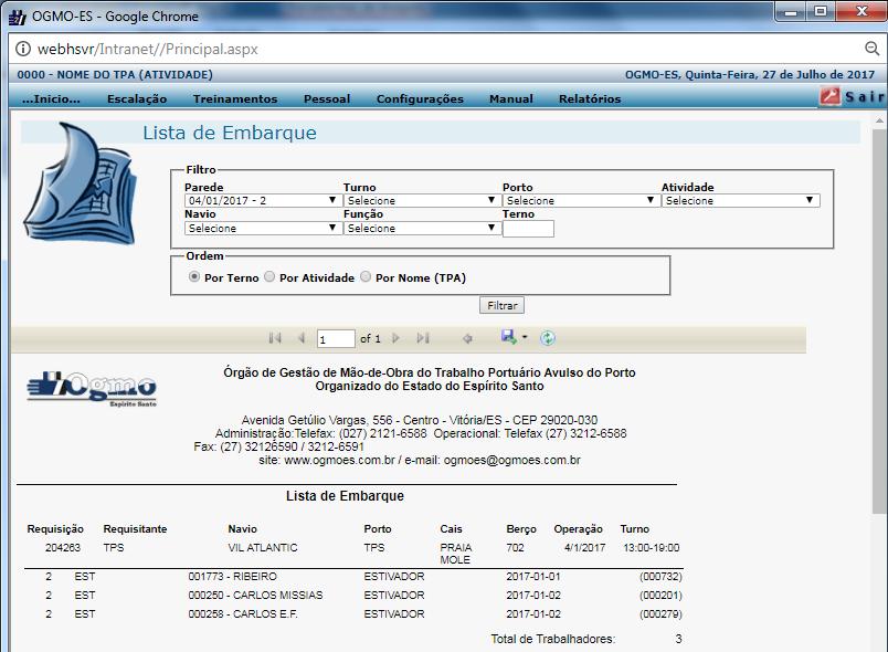 Figura 57 : Relatório da Lista de Embarque 6.2.