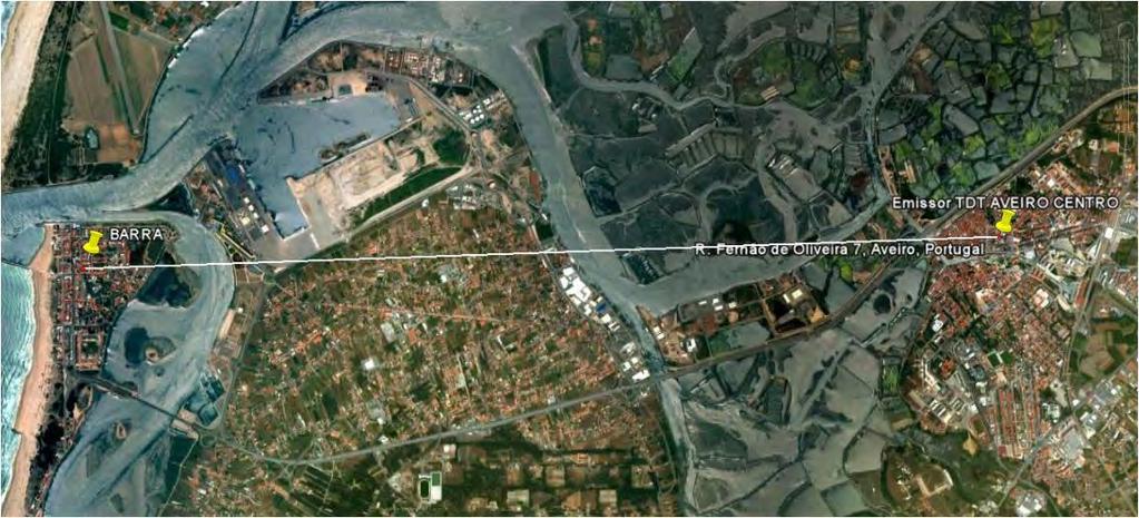 Distância da localidade da Barra ao emissor TDT Aveiro Centro (cerca de 8 km) SÃO BERNARDO Ponto 1 - Coordenadas geográficas (WGS84): 40º 37' 39"N / 08º 37' 38"W Ponto 2 - Coordenadas geográficas