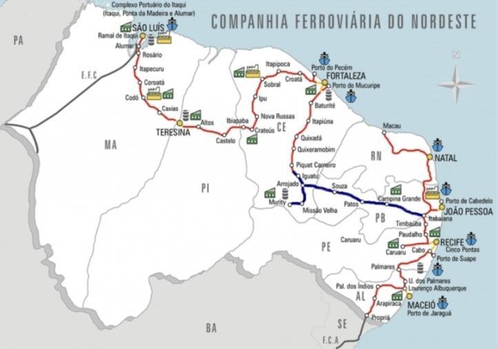 Figura 7. Malha Ferroviária do Nordeste. O projeto Transnordestina engloba 1.728km de estrada de ferro unindo a caatinga ao mar até 2014, por duas vias, Piauí-Ceará e Piauí-Pernambuco.