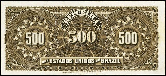 Figura 3 - A e A1 Cédula de 500 Réis da República do Brasil (1889-1942). A) Anverso. A1) Reverso. Empresa impressora: American Bank Note Company. Fonte: Cédulas Brasileiras (2016).