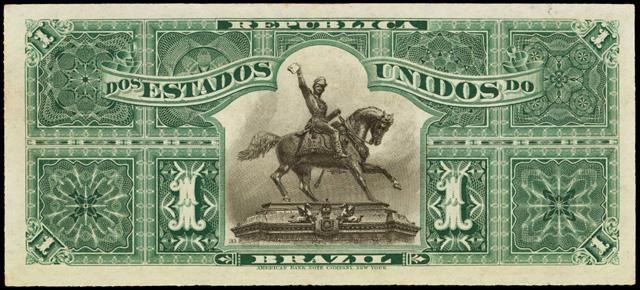 A figura 4B e 4B1 expressa a cédula da República (1889-1942) de vinte mil réis da 12ª estampa, emitida em 1908 pelo Tesouro Nacional, que apresenta em seu reverso (fig.