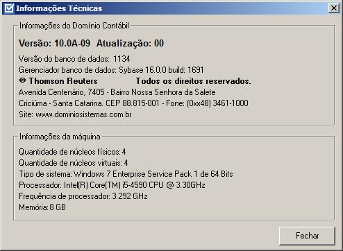 2. No quadro Informações do Domínio Contábil, na linha: Versão, será demonstrada a versão de seu Contábil Plus 10; Atualização, será demonstrada a atualização de seu Contábil Plus 10; Versão do