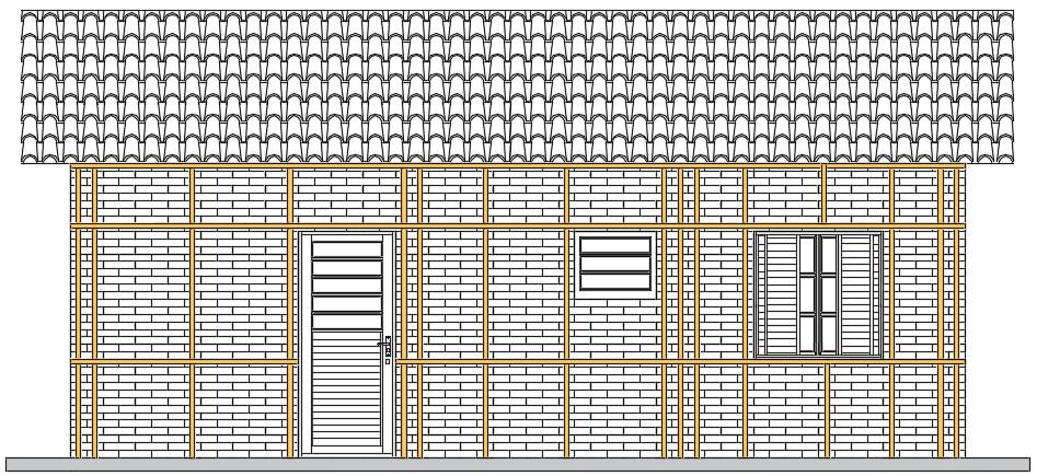 No projeto elaborado, as colunas foram colocadas nos encontros entre paredes, nas laterais de portas e janelas e também em um espaçamento máximo de um metro linear.