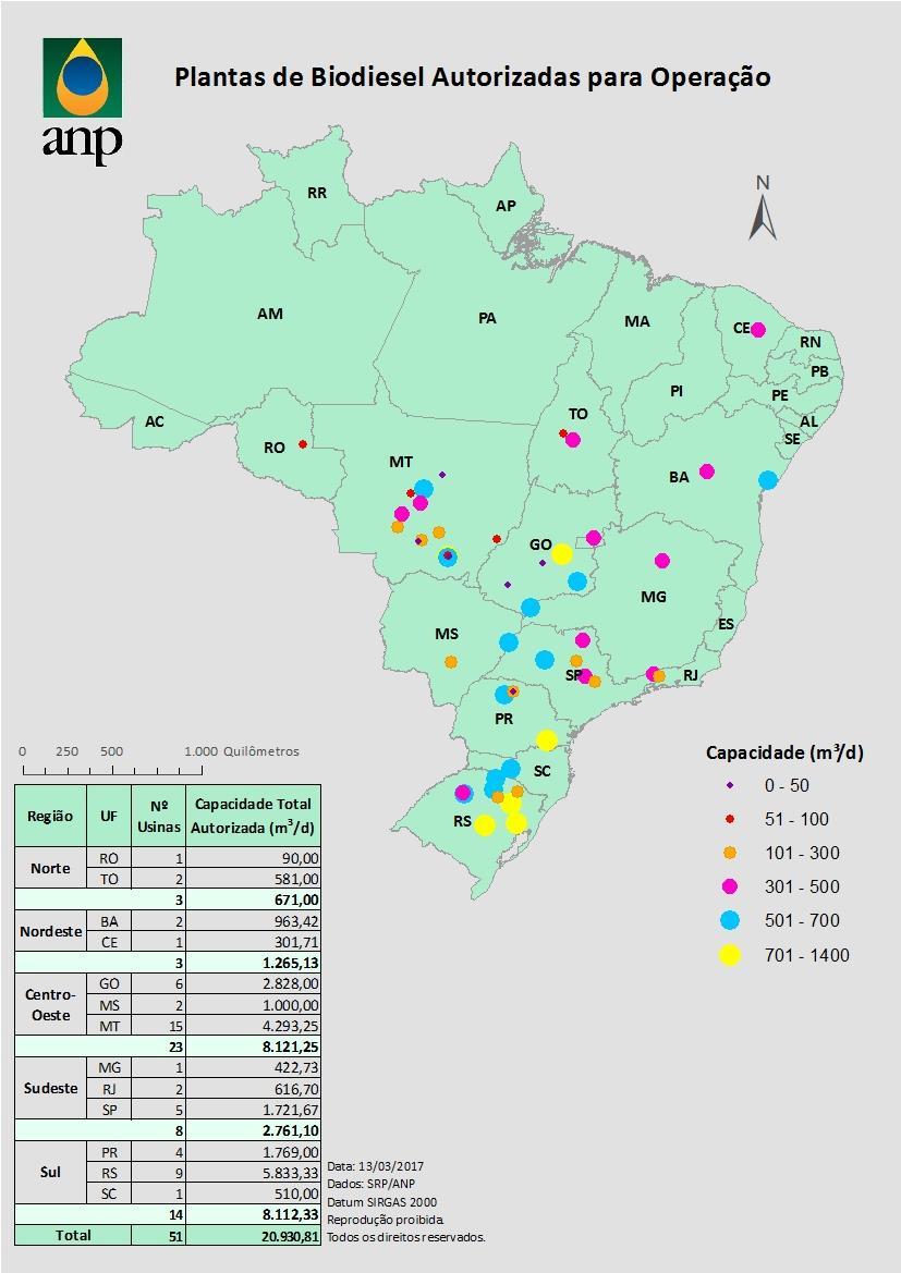 3. MAPA DAS PLANTAS DE BIODIESEL AUTORIZADAS POR CAPACIDADE DE