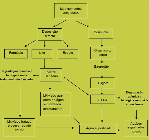 Figura 4 Trajeto que os medicamentos seguem após deposição direta ou consumo (adaptada de Proença et al, 2014) A via principal é a excreção na forma de metabolitos ou fármacos inalterados, no entanto