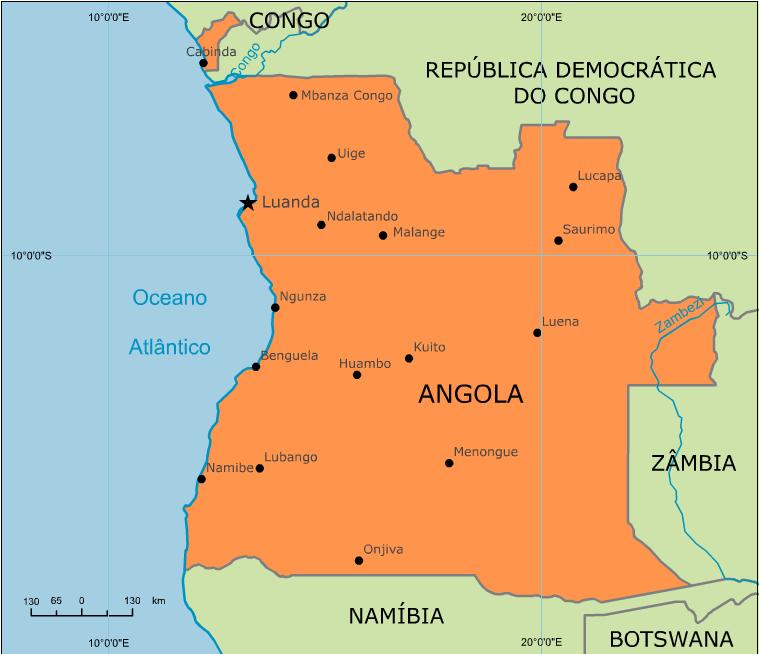 Dados Básicos A Angola limita-se com o oceano Atlântico e faz fronteiras com os seguintes países: Congo, República Democrática do Congo, Zâmbia e Namíbia.