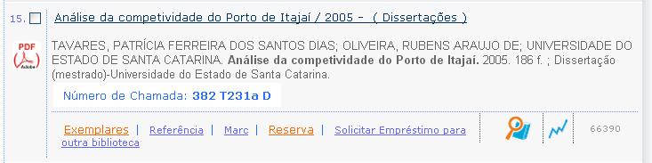 Resultados No resultado da pesquisa, cada título é acompanhado de links para: Exemplares, Referência, Marc, Reserva, Solicitação de Empréstimo e os botões localização do acervo na estante e Dados