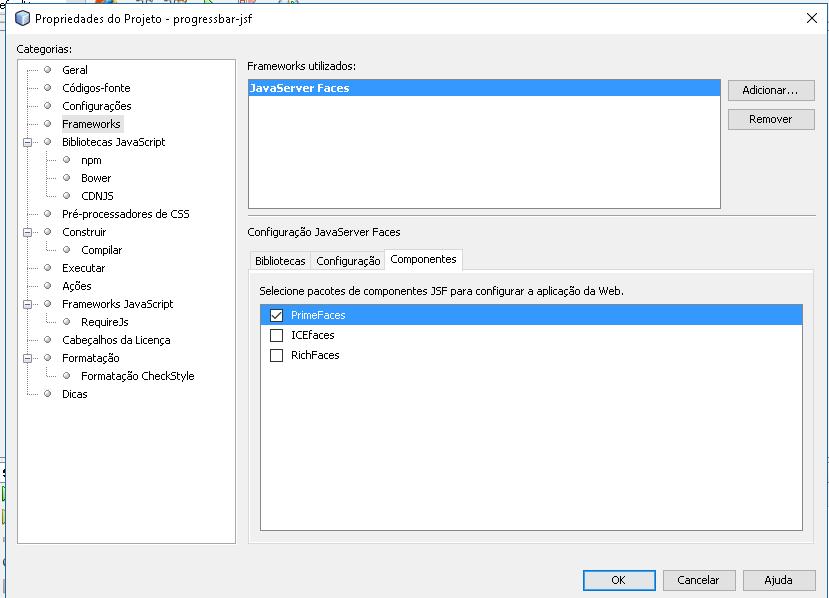Marque a opção do PrimeFaces e clique em OK; No projeto em