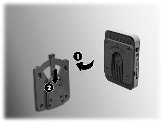 Deslize a parte lateral do dispositivo de montagem fixado ao cliente magro (1) sobre o outro lado do dispositivo de montagem (2) no dispositivo no qual pretende montar o cliente magro.