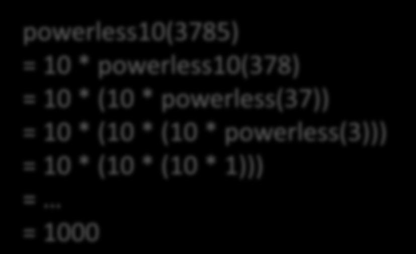 Calculando à mão powerless10(3785) = 10 * powerless10(378) = 10 * (10 * powerless(37)) = 10 * (10 * (10 * powerless(3)))