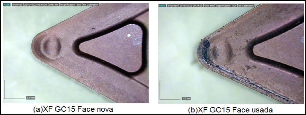 37 A Figura 19 mostra imagens de topo do inserto PF, Figura 19a imagem antes do ensaio, figura 19b após o ensaio com um pequeno desgaste de flanco de 0,12 mm.