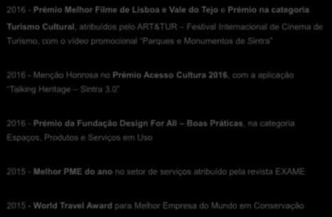 Prémios e reconhecimentos 2016 - Prémio Melhor Filme de Lisboa e Vale do Tejo e Prémio na categoria Turismo Cultural, atribuídos pelo ART&TUR Festival Internacional de Cinema de Turismo, com o vídeo