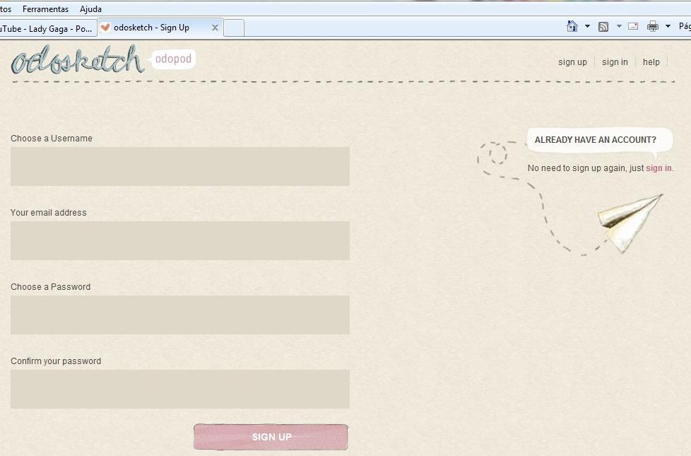 Figura 4. Página de registo no Odosketch. 5. Para os utilizadores registados, basta fazer o login (sign in) quando se aceder ao Odosketch (figura 5).