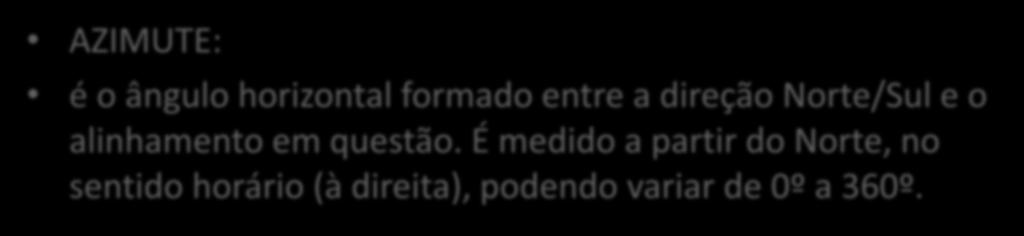 AZIMUTE: é o ângulo horizontal formado entre a direção Norte/Sul e o alinhamento em