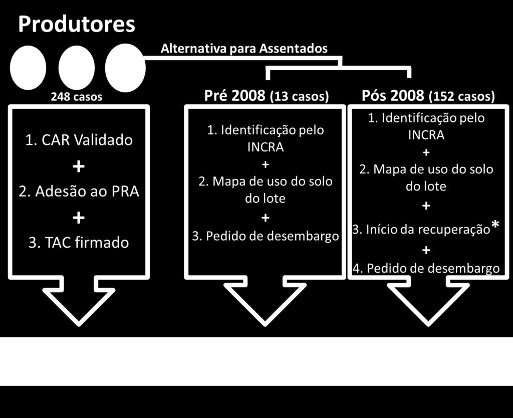 Figura 2. Caminhos para o desembargo por tipo de produtor e ano do desmatamento.