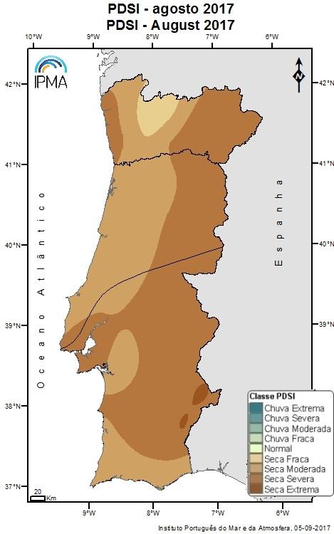 Na Figura 9 apresenta-se a distribuição espacial do índice de seca meteorológica em 31 de agosto de 2017 e na Tabela 2 apresenta-se a percentagem do território nas várias classes do índice PDSI.