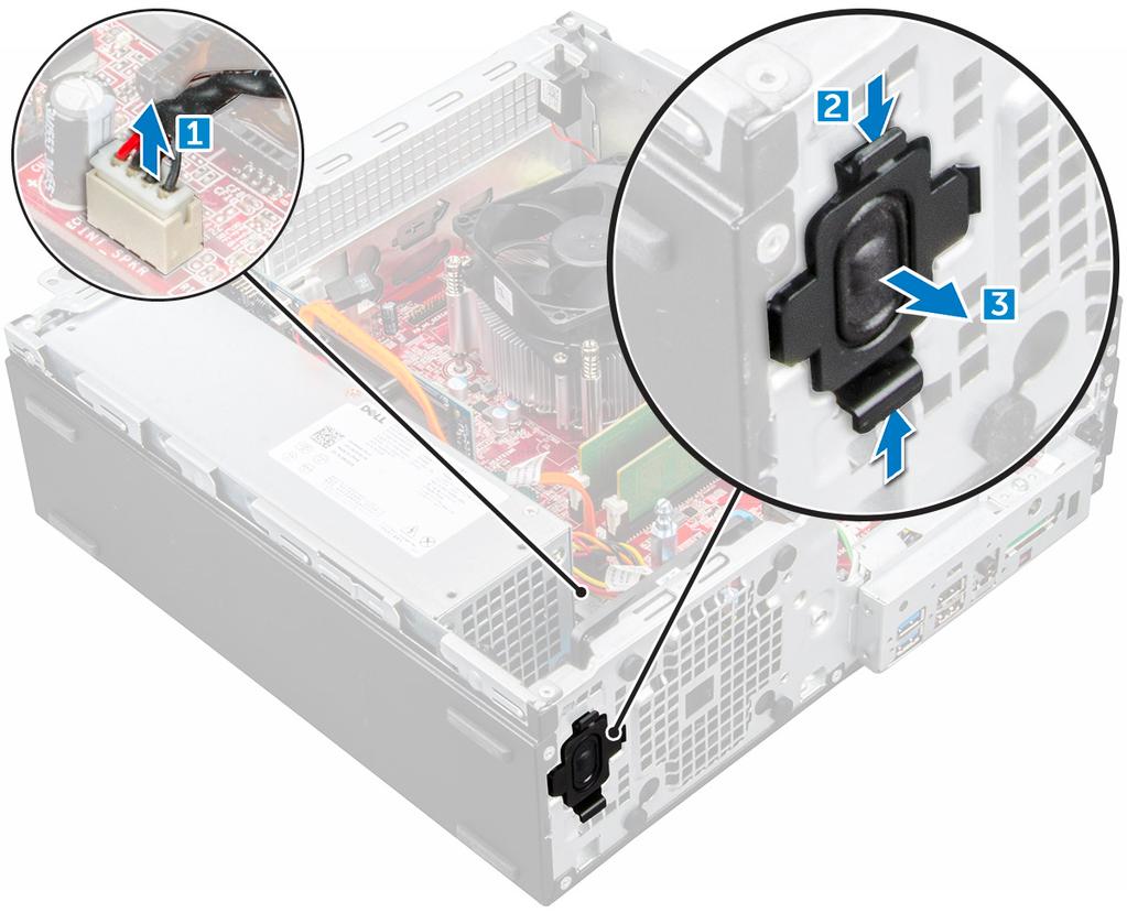 Como instalar o alto-falante 1 Insira o alto-falante no slot e pressione-o até encaixá-lo no lugar com um clique. 2 Conecte o cabo do alto falante ao conector na placa de sistema.