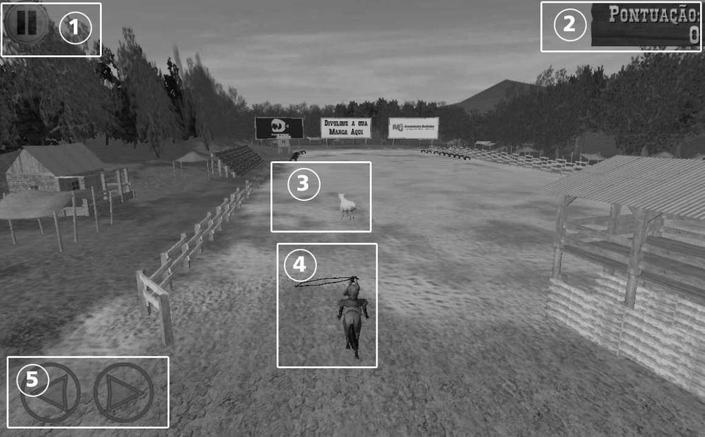 O JOGO O jogo pode ser dividido em 2 momentos, aproximação e laçada. Aproximação: O usuário controla o cavalo usando os botões direcionais no canto inferior esquerdo da tela.