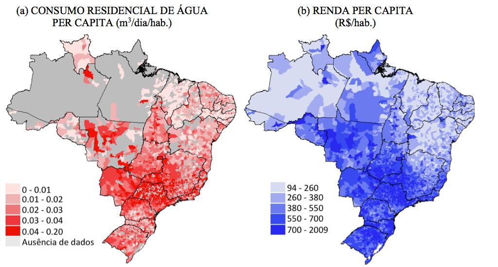 EXEMPLO Consumo de Água per Capita (resposta) X Renda per capita (preditora) Distribuição espacial de consumo residencial de água e renda da população em 2010. Fonte: SNIS (2010) e IBGE (2010).