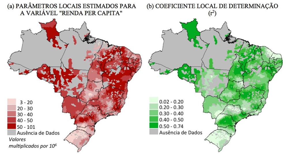 GWR Geographically Weighted Regression Consumo de Água per Capita (resposta) X Renda per capita(preditora) Os menores coeficientes estimados para a variável RENDA foram observados em municípios do