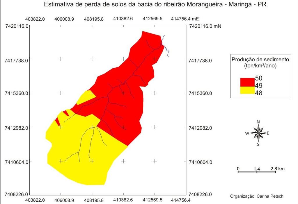 DOI: 10.4025/bolgeogr.v33i1.20023 24 Figura 7 Carta de estimativa de perda de solos (KIRKBY, 1976) da bacia do ribeirão Morangueira, Maringá - PR.