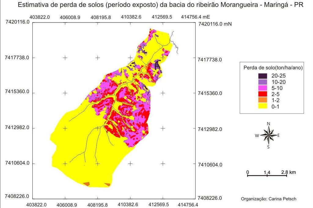 DOI: 10.4025/bolgeogr.v33i1.20023 21 Figura 2 Carta de estimativa de perda de solos (período exposto) da bacia do ribeirão Morangueira, Maringá PR. (EUPS).