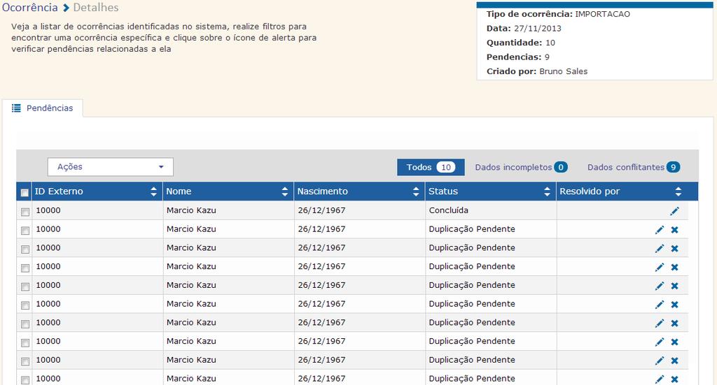 69/ 76 No topo da página são exibidas todas as informações da ocorrência selecionada: Tipo de ocorrência Data (data em