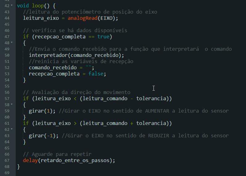 Código Fonte do Arduino Loop(): Na função loop(), lemos novamente a posição atual do eixo e em seguida verificamos se existe alguma recepção completa de dados, usando a variável sinalizadora