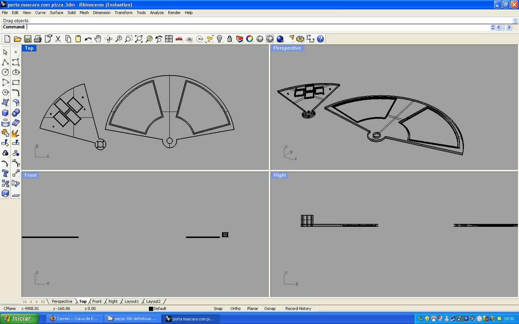 (a) (b) (c) (d) Fig. 7 - Imagem do conjunto de peças em Rhino 4.0. (a) Vista Superior. (b) Vista em perspectiva. (c) Vista lateral direita. (d) Vista lateral esquerda Fig.