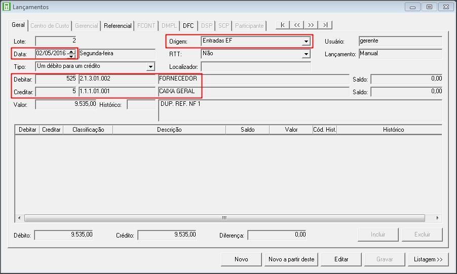 Observe que o sistema gerou somente um débito para um crédito, onde a conta débito informada é a do cadastro do fornecedor da guia