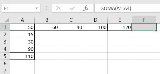 Questão 38 Considerando a planilha elaborada no software Excel, determine o valor da célula F1. A) 370. B) 185. C) 295. D) 250. E) 665.