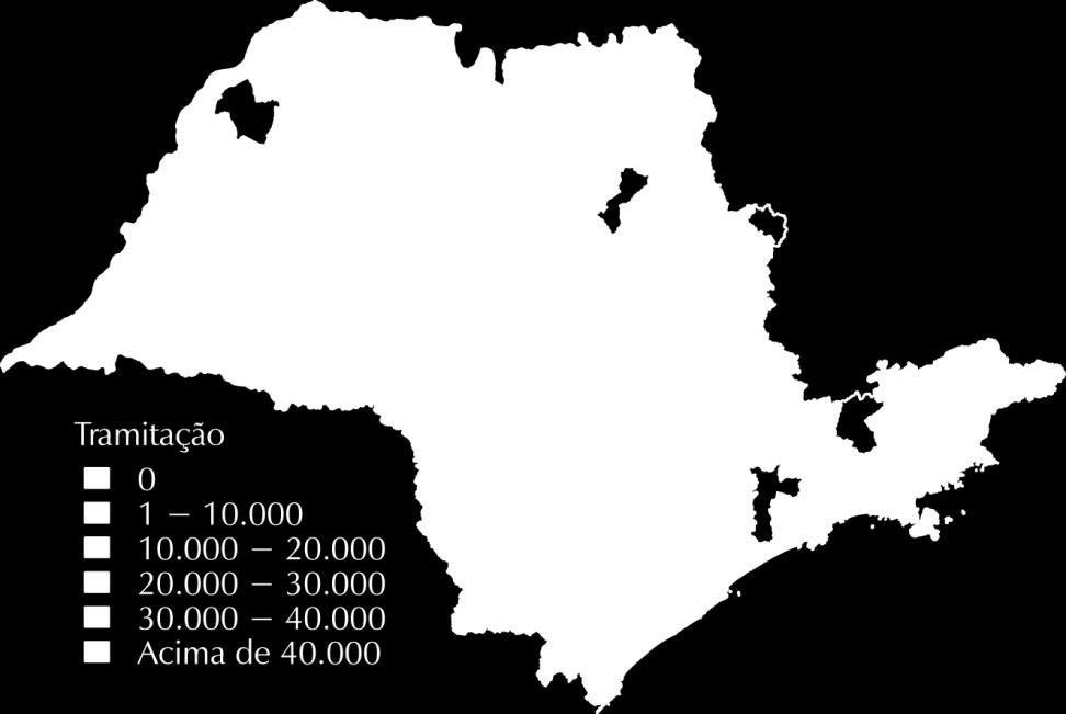 Mapa 7 Processos de Competência Delegada em Tramitação ao Final de 2011 no Estado de São Paulo por Comarca A formação de aglomerados de comarcas com distribuição processual relevante situado nas
