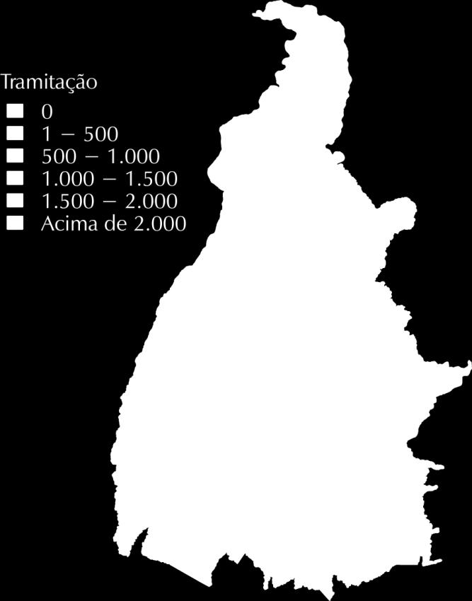 O cenário estadual referente à tramitação processual (mapa 15) mostra que as comarcas com indicadores mais expressivos (acima de 2.000) estão concentradas na região de Gurupi.