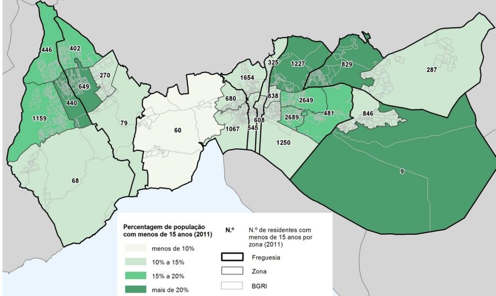 população com menos de 15 anos por zona do Plano, em