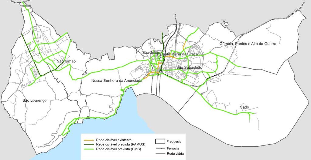 A rede ciclável prevista para o concelho de Setúbal é apresentada na Figura 76.