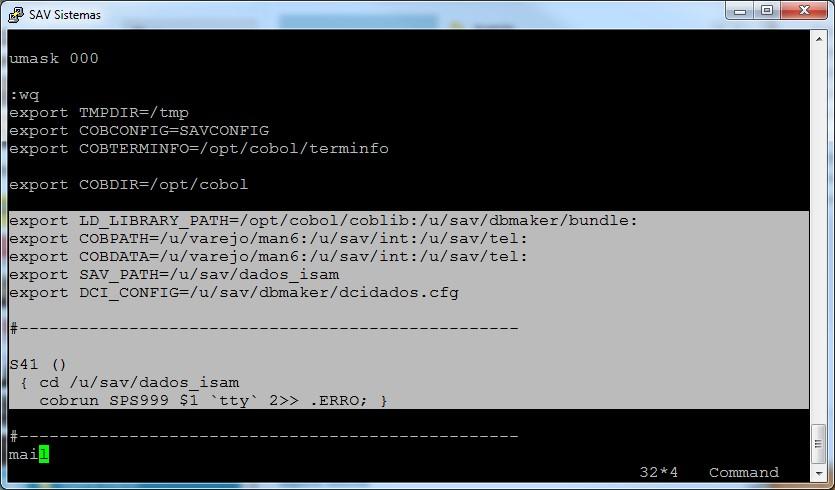 19. No.profile alterar as seguintes linhas: a. exportld_library_path=/opt/cobol/coblibdci:/u/sav/dbmaker/bundle: b. Incluir o diretório /u/sav/xml no COBDATA e COBPATH. d. Incluir a linha export DCI_CONFIG=/u/sav/dbmaker/dcidados.