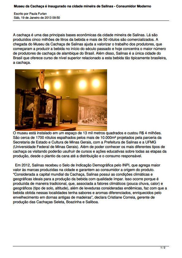 ANEXO XXVI Museu da Cachaça é inaugurado na cidade mineira de salinas Consumidor Moderno. Fonte: consumidormoderno.uol.com.