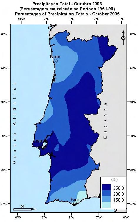 28 Variabilidade da precipitação em Outubro, em Portugal Continental Os valores da quantidade de precipitação observados neste mês permitem classificá-lo como extremamente chuvoso Figura 3.