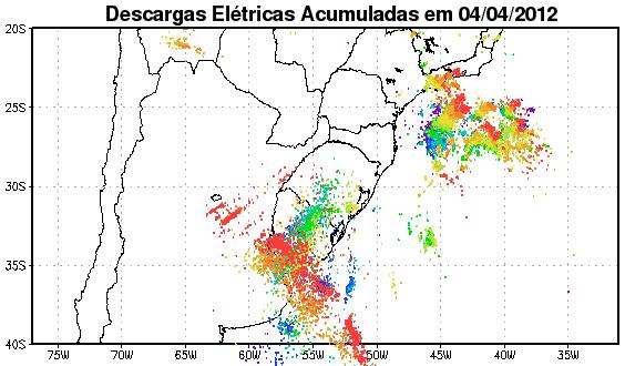 Figura 4: Acumulado de descargas elétricas entre os dias 04 e 05/04/2012.