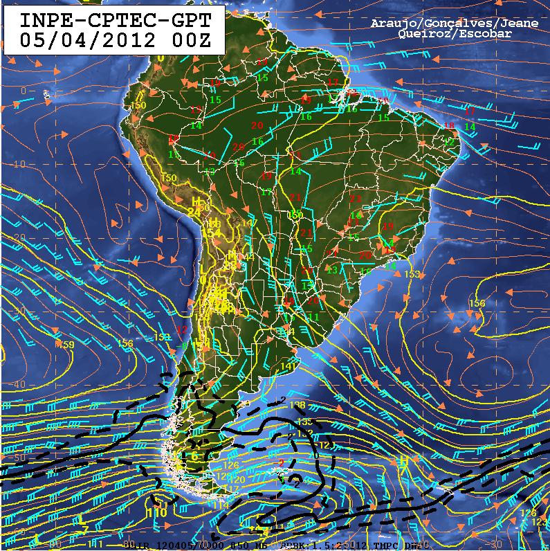 (c) (d) Figura 6: Cartas sinóticas de (a) 250 hpa, (b) 500 hpa, (c) 850 hpa e (d) superfície da 00Z do dia 05/04/12, elaboradas pelo Grupo de Previsão de