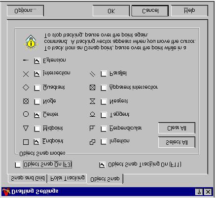 Object Snap Settings AutoCAD 2000 Este botão quando selecionado, ativa o quadro de diálogo Drafting Settings, e na guia Object Snap poderemos manter ativo um ou mais recursos Osnap, quando seu botão